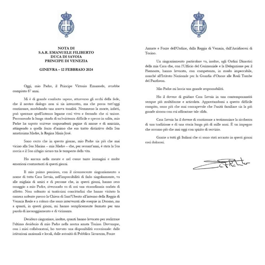 Carta del Jefe de la Casa Real de Italia