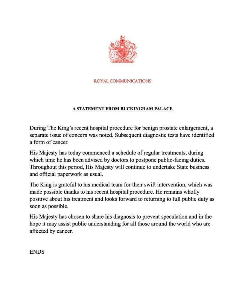 Comunicado Casa Real de Inglaterra